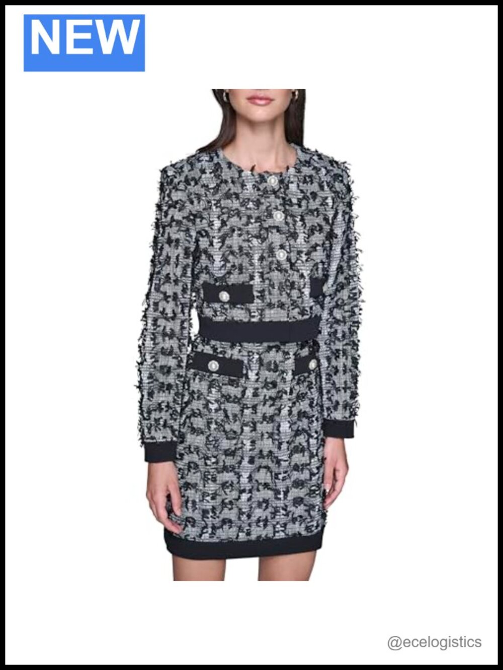 Karl Lagerfeld Womens Long Sleeve Bow Tweed Buttoned Cropped Jacket